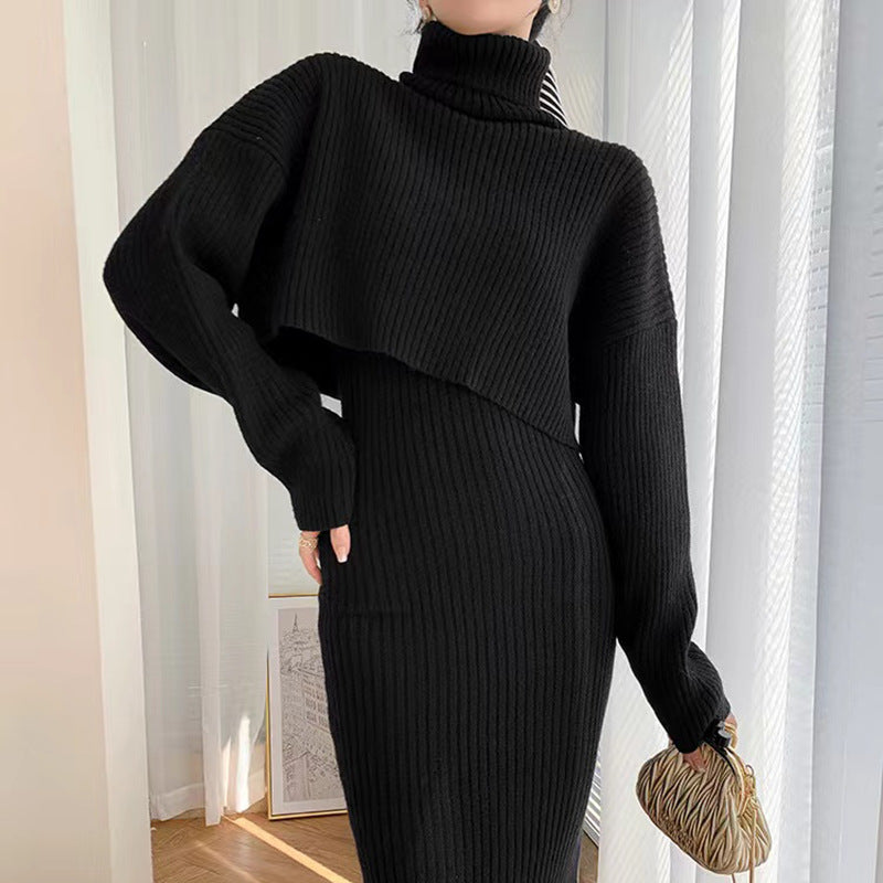 Damen Strickkleid mit hochgezogener Kragenpartie und überschnittenen Ärmeln EB