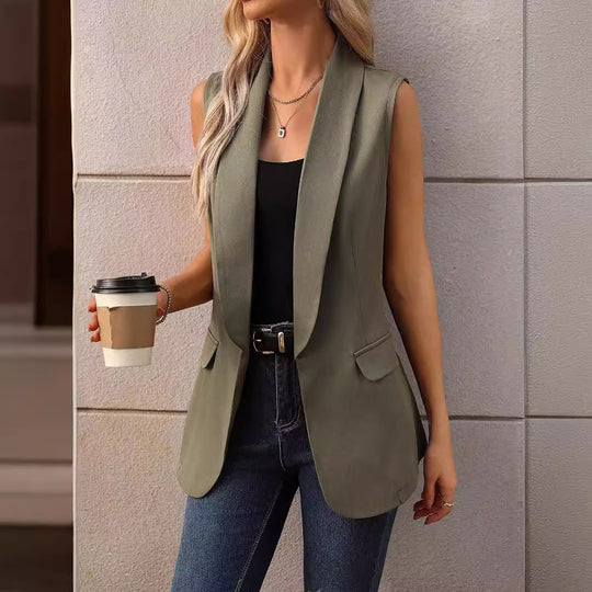 Damen ärmellose Blazerjacke mit schickem Revers EB