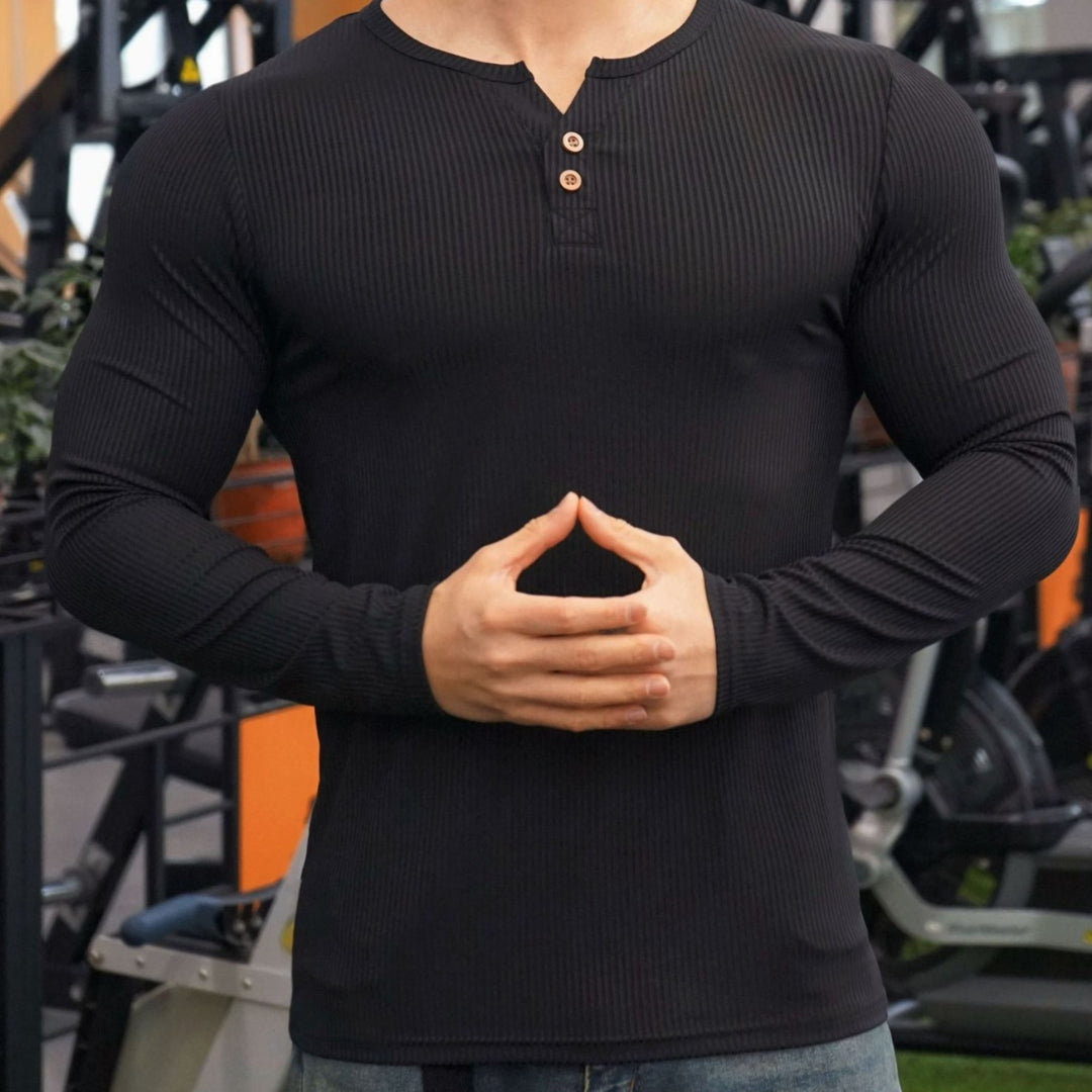Herren Langarmshirt mit strukturiertem Design und Knopfleiste EB