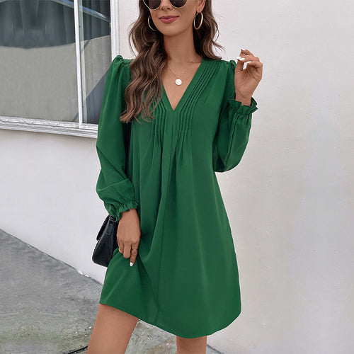Damen geschnittenes V-Ausschnitt Kleid mit eleganten Puffärmeln und schwingendem Saum EB