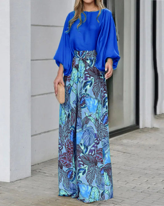 Damen weite Palazzo-Hose mit floralem Muster und elastischem Bund EB