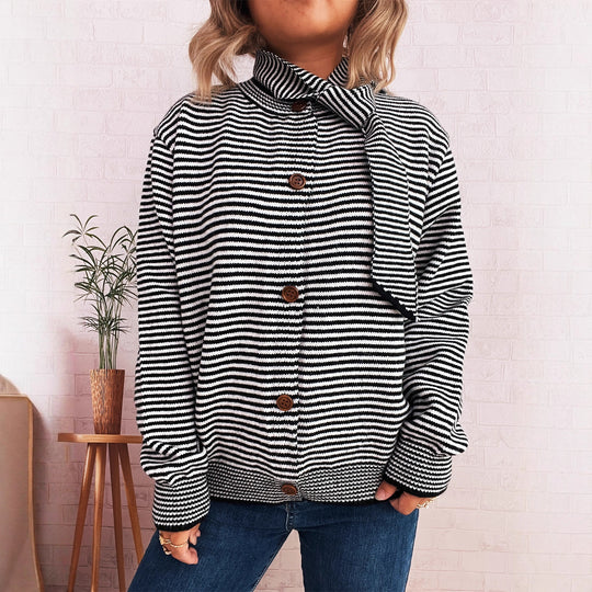 Damen gestreifte Strickjacke mit modernem Kragen und Knopfverschluss EB
