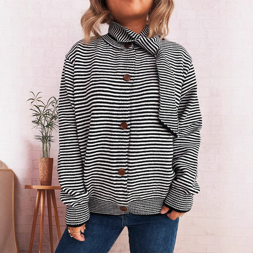 Damen gestreifte Strickjacke mit modernem Kragen und Knopfverschluss EB