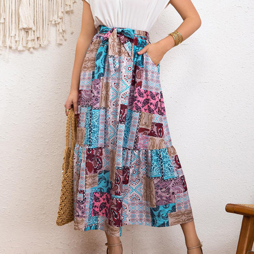 Damen Maxirock mit buntem Patchwork-Design und Taillengürtel EB
