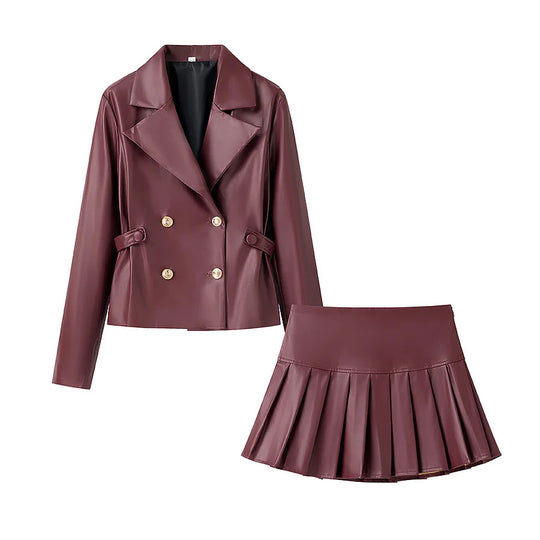 Damen modisches Kunstleder Blazer- und Rock-Set EB