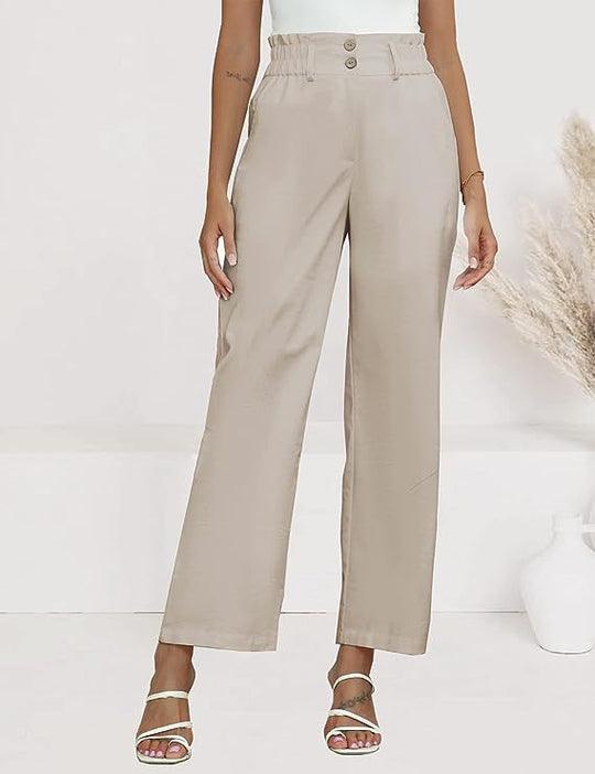 Damen weite Stoffhose mit elastischem Bund und modischen Knopfdetails EB