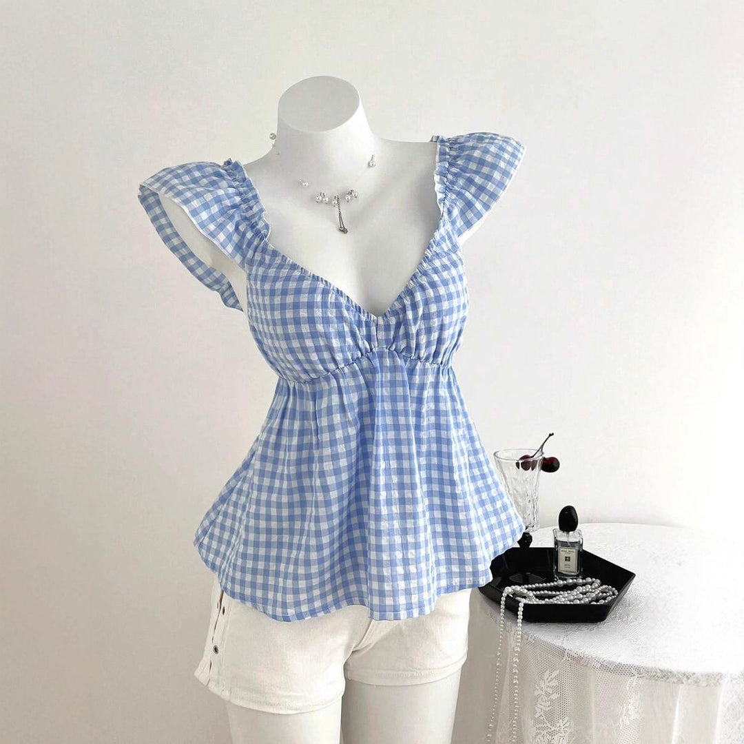 Damen luftige V-Ausschnitt Bluse mit Rüschendetails EB