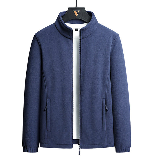 Herren minimalistischer Microfleece-Cardigan mit Stehkragen, Zwei-Wege-Reißverschluss und elastischen Bündchen EB