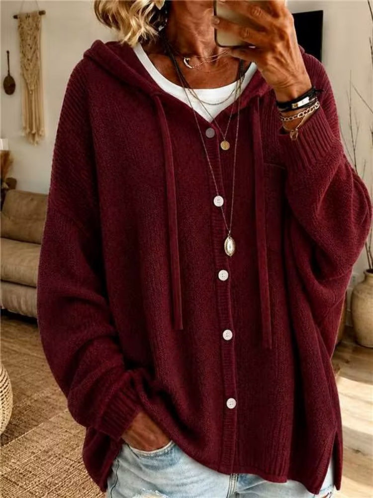 Damen Kapuzen-Cardigan aus strukturiertem Feinstrick mit Knopfleiste EB