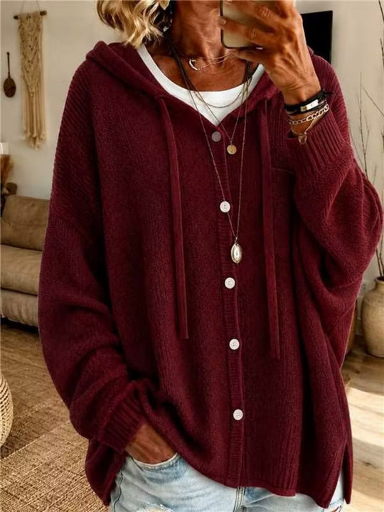 Damen Kapuzen-Cardigan aus strukturiertem Feinstrick mit Knopfleiste EB