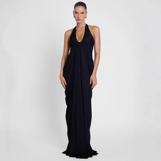 Damen Elegantes Maxikleid mit tiefem V-Ausschnitt und fließendem Drapé EB
