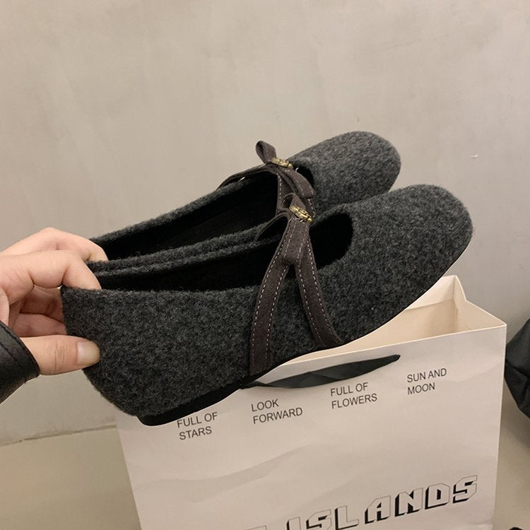 Damen elegante Filz-Ballerinas mit modischem Schleifenakzent EB