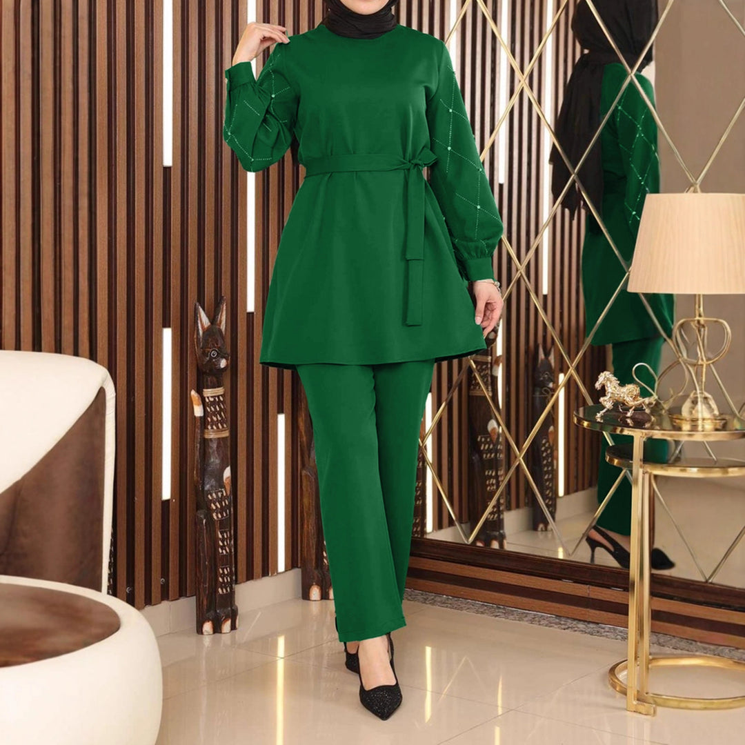 Damen Elegantes zweiteiliges Tunika-Set mit Taillengürtel und Zierärmeln EB