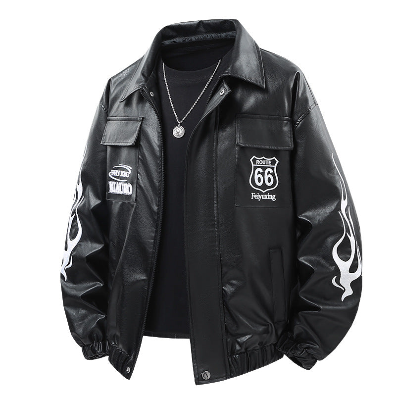 Men's  patch-detail street-style zip-up jacket with stand collar and graphic sleeve prints EB