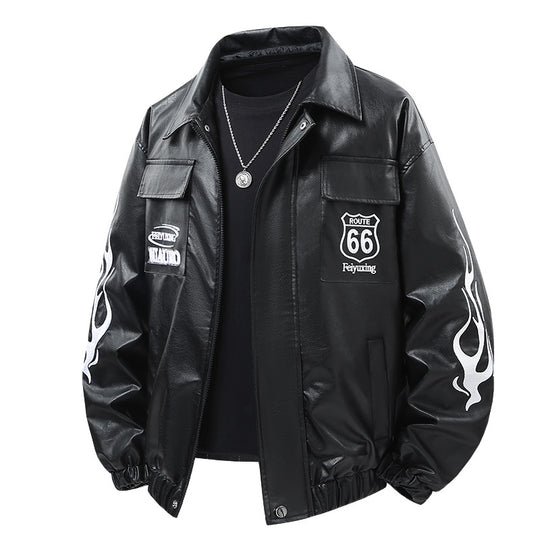 Men's  patch-detail street-style zip-up jacket with stand collar and graphic sleeve prints EB
