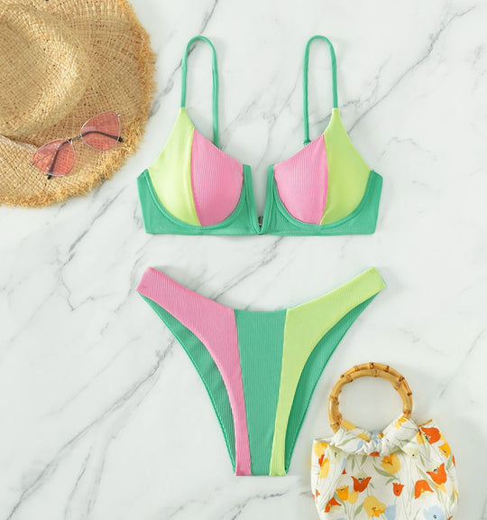 Damen Bikini-Set mit trendigem Farbblockdesign und verstellbaren Trägern EB