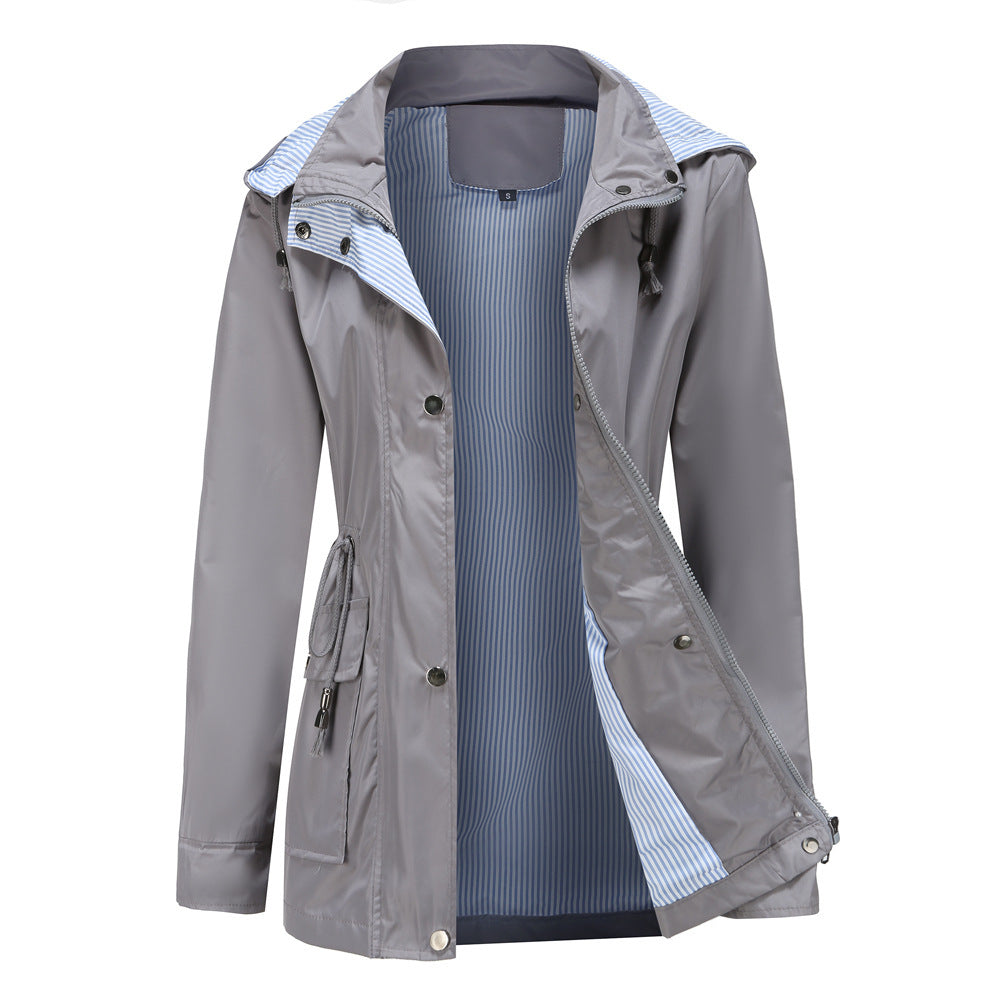 Damen Wetterfeste Regenjacke mit verstellbarem Kapuzenkragen und Taillenzug EB