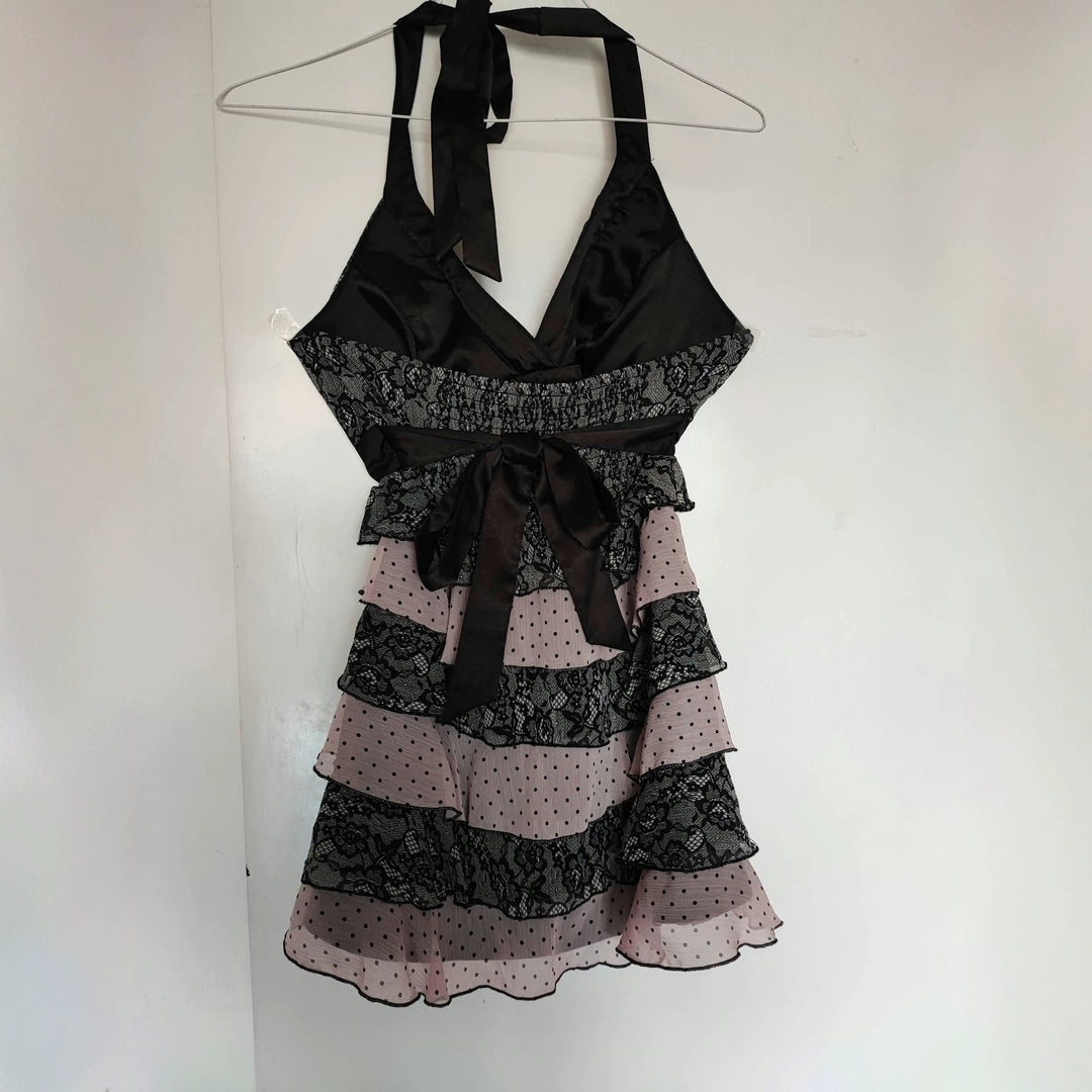 Damen Rüschen Kleid mit Spitzenoberteil EB