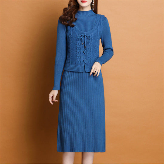 Damen elegantes Strickkleid mit hochgeschlossenem Kragen und dekorativem Zopfdesign EB
