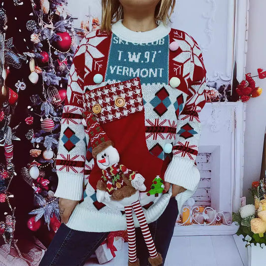 Damen festlicher Pullover mit winterlichem Schneemann-Motiv und dekorativen Details EB