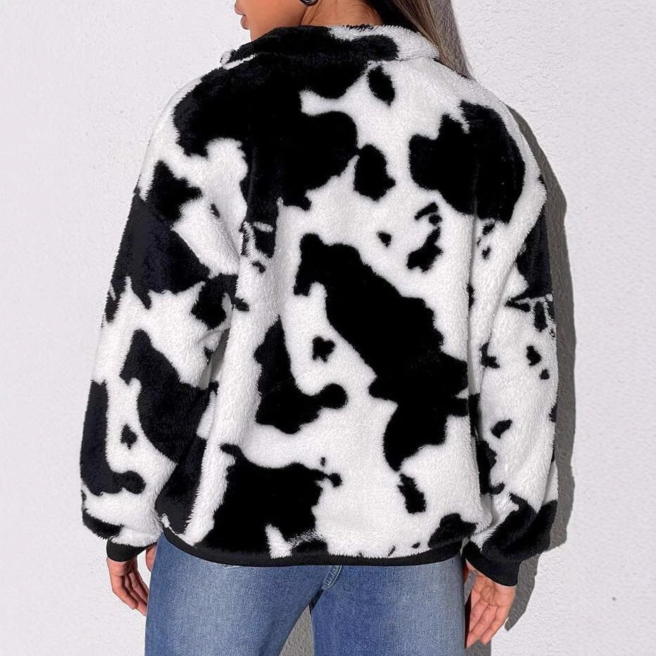 Damen Fleece-Pullover mit halbhohem Kragen und rustikalem Kuhmuster EB