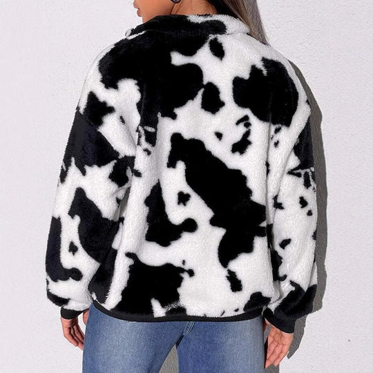 Damen Fleece-Pullover mit halbhohem Kragen und rustikalem Kuhmuster EB
