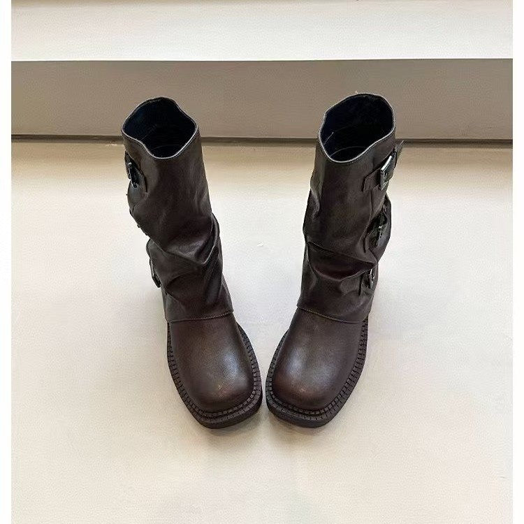 Damen Steppstiefel mit modischen Schnallen und flexiblem Schaftrand EB