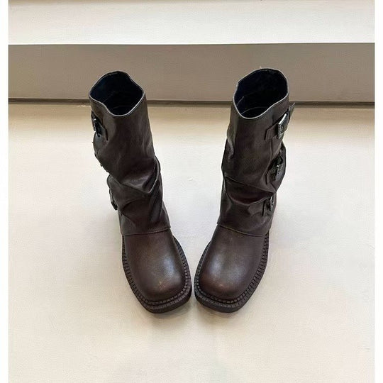 Damen Steppstiefel mit modischen Schnallen und flexiblem Schaftrand EB