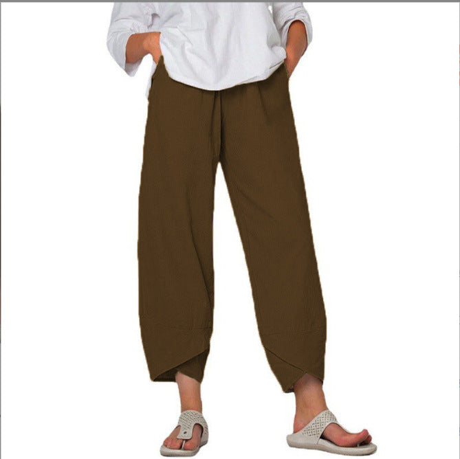 Damen nan lockere Leinenhose mit hohem Bund, Tulpen-Saum und seitlichen Eingrifftaschen EB