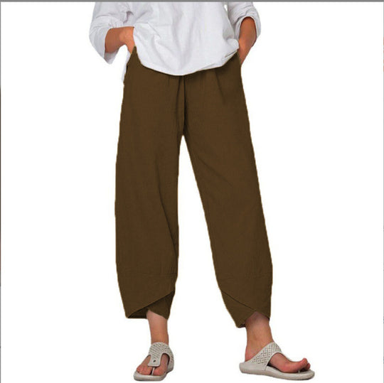 Damen nan lockere Leinenhose mit hohem Bund, Tulpen-Saum und seitlichen Eingrifftaschen EB