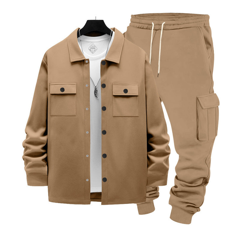Herren nan lässiges Baumwoll-Misch Overshirt und Cargo-Jogger Set mit Kordelzug, Pattentaschen und elastischen Bündchen EB