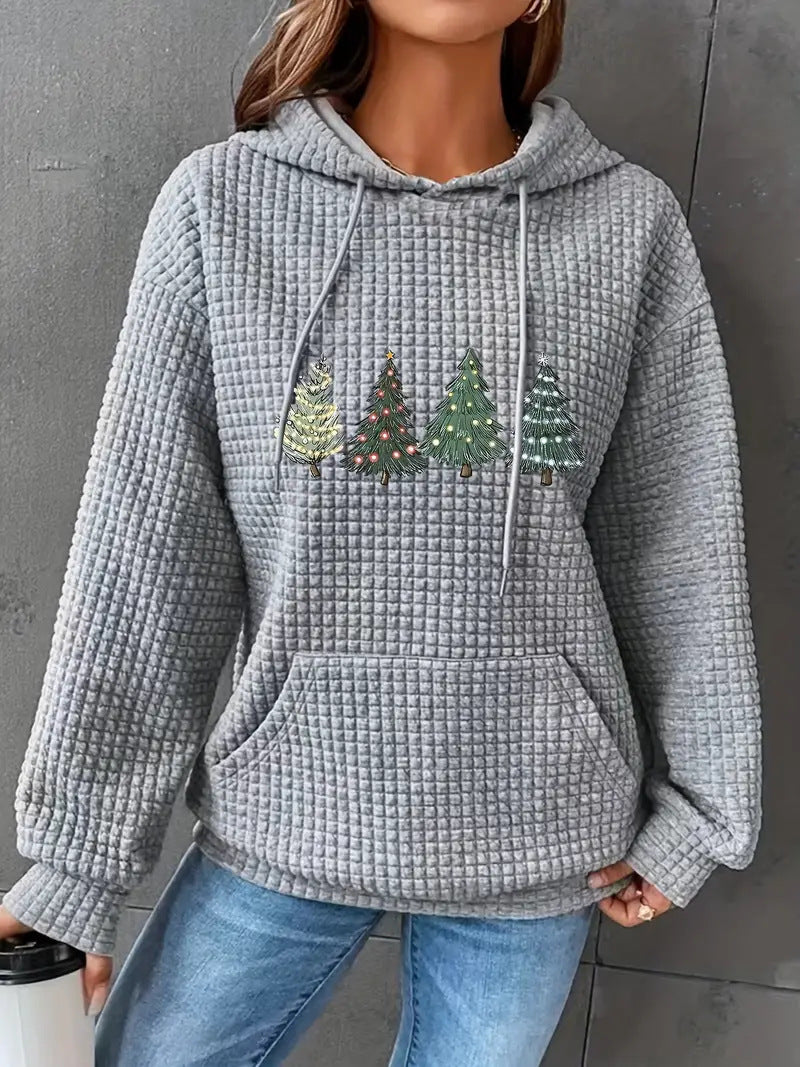 Damen Waffel-Pullover mit übergroßer Kapuze und festlichem Baumdesign EB