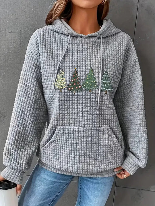Damen Waffel-Pullover mit übergroßer Kapuze und festlichem Baumdesign EB