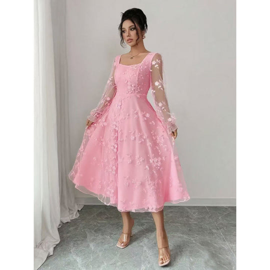 Damen Midi-Kleid mit floralen Spitzenärmeln und schwingendem Saum EB