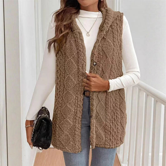 Damen Kuschelige Fleece-Weste mit Kapuze und Knopfverschluss EB