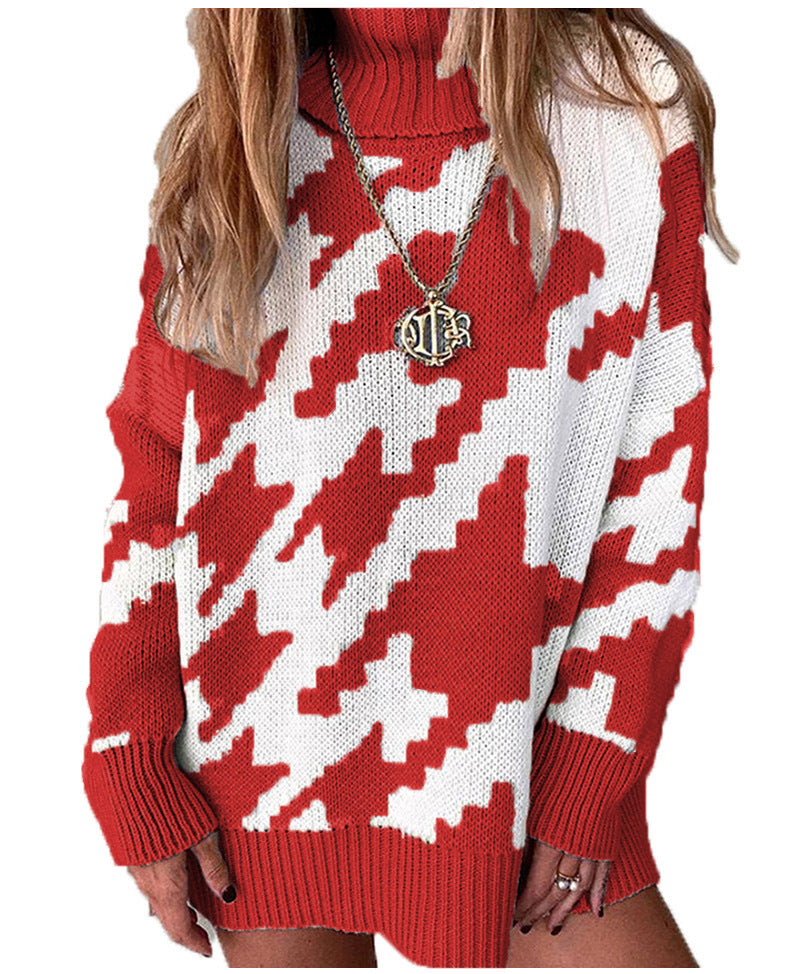 Damen Grobstrickpullover mit hohem Kragen und modernem geometrischen Muster EB