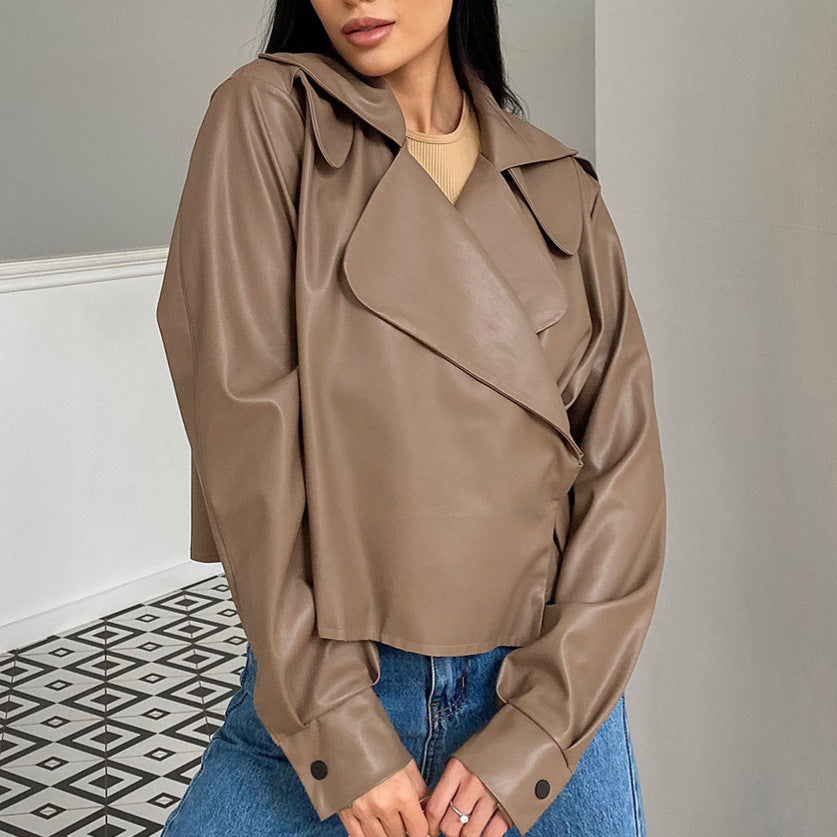 Damen Modische Kunstlederjacke mit elegantem Reverskragen und asymmetrischem Schnitt EB