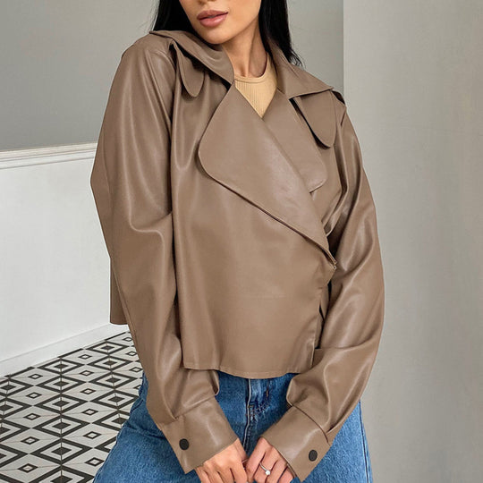 Damen Modische Kunstlederjacke mit elegantem Reverskragen und asymmetrischem Schnitt EB