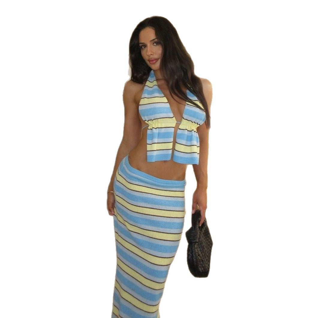 Damen trendiges gestricktes Outfit mit bandeau und langem Rock EB