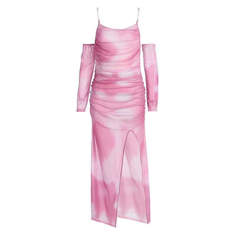 Damen Maxikleid mit raffinierten Rüschendetails und transparenten Ärmeln EB