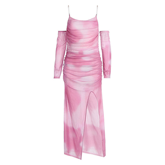 Damen Maxikleid mit raffinierten Rüschendetails und transparenten Ärmeln EB