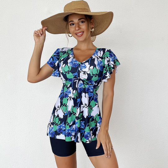 Damen modischer Badeanzug mit Rüschen und kurzer Hose EB