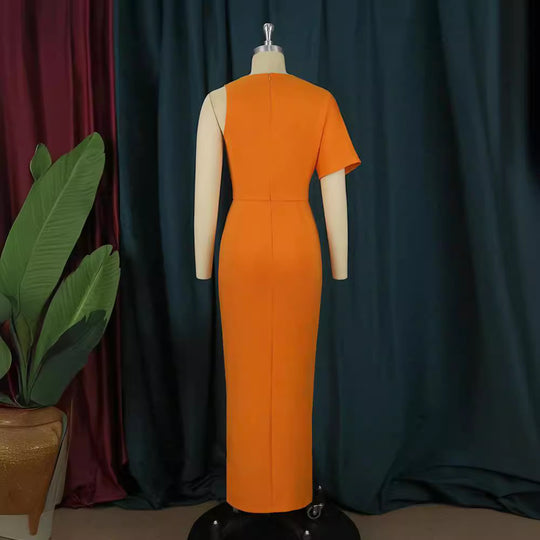 Damen figurbetontes Maxikleid mit tiefem V-Ausschnitt und elegantem Schlitz EB