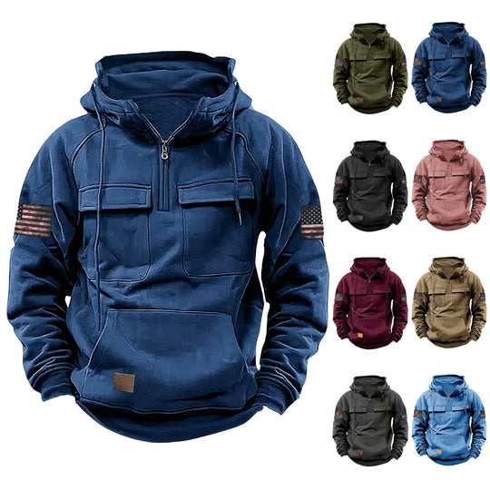 Herren nan Kapuzenpullover mit Halbzip, Cargo-Brusttaschen und Kängurutasche EB
