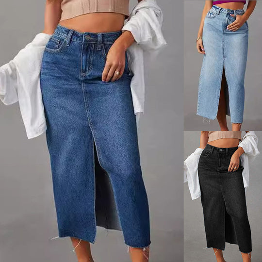 Damen Lässiger Denim Rock mit seitlichem Schlitz und fransigem Saum EB