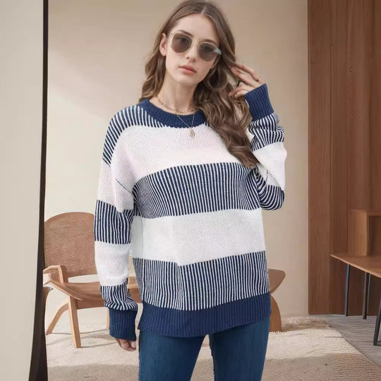 Damen gestreifter Strickpullover mit weitem Schnitt EB