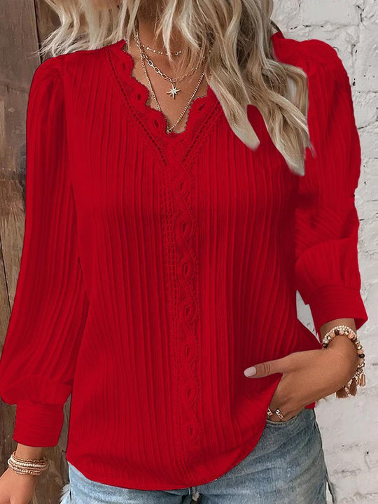 Damen nan romantische V-Ausschnitt Spitzenbluse mit Plissee und Puffärmeln EB