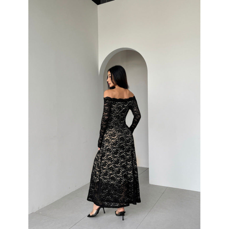 Damen Spitzenlangarmkleid mit schulterfreiem Design und eleganter Transparenz EB