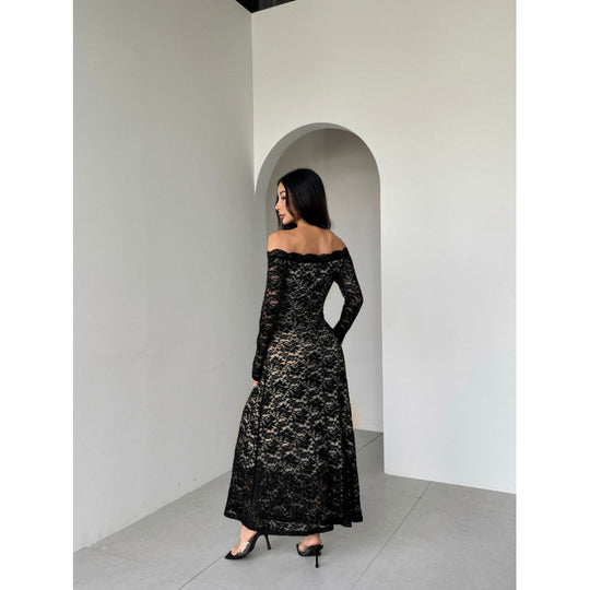 Damen Spitzenlangarmkleid mit schulterfreiem Design und eleganter Transparenz EB