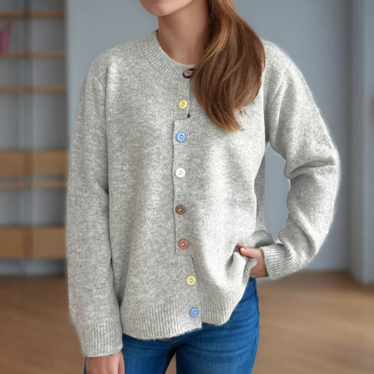Damen kuschelige Strickjacke mit bunten Knopfdetails EB